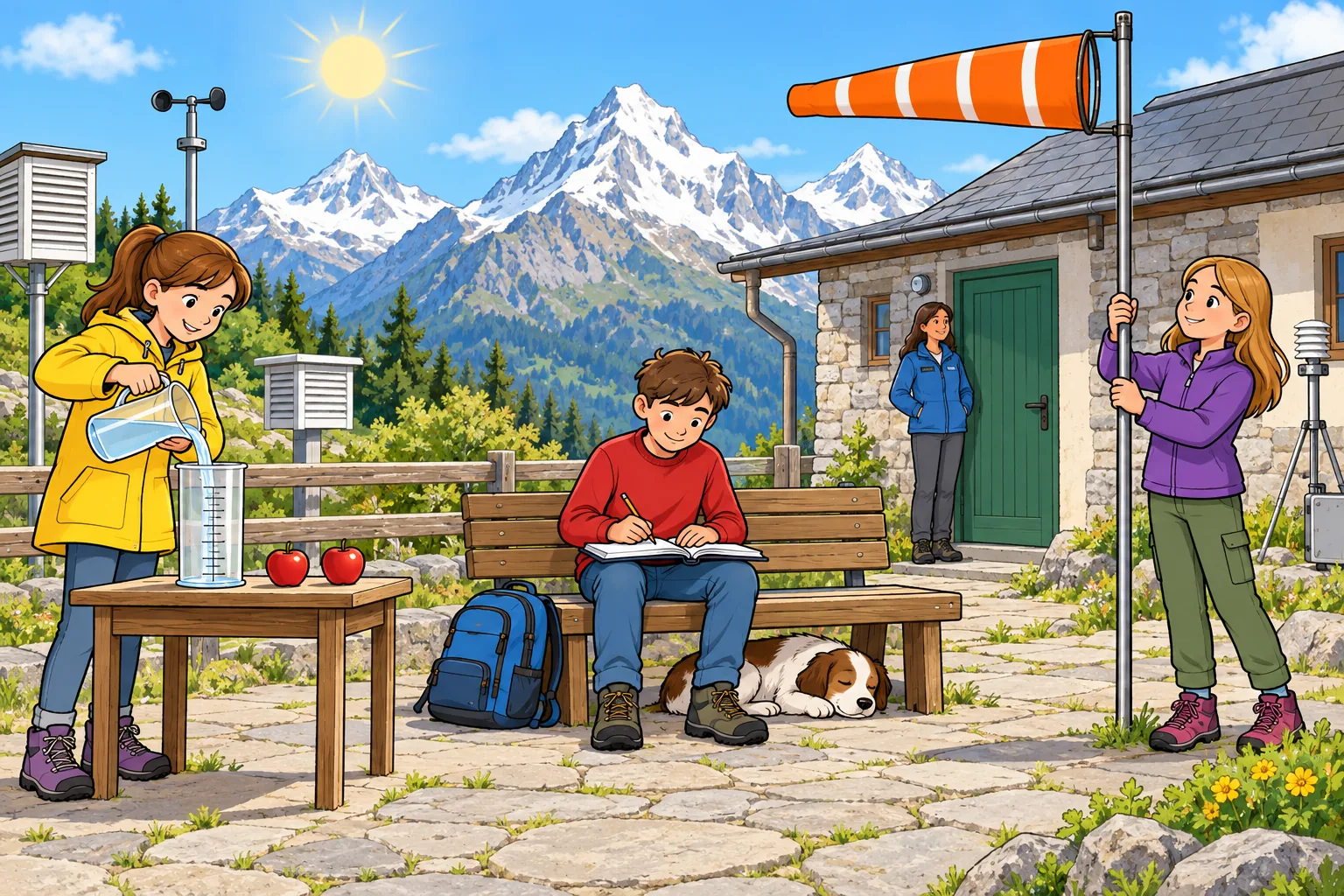 Children and an adult in a sunny mountain weather-station courtyard, with a water cylinder, notebook, windsock, backpack, apples, sleeping dog and snowy mountains.