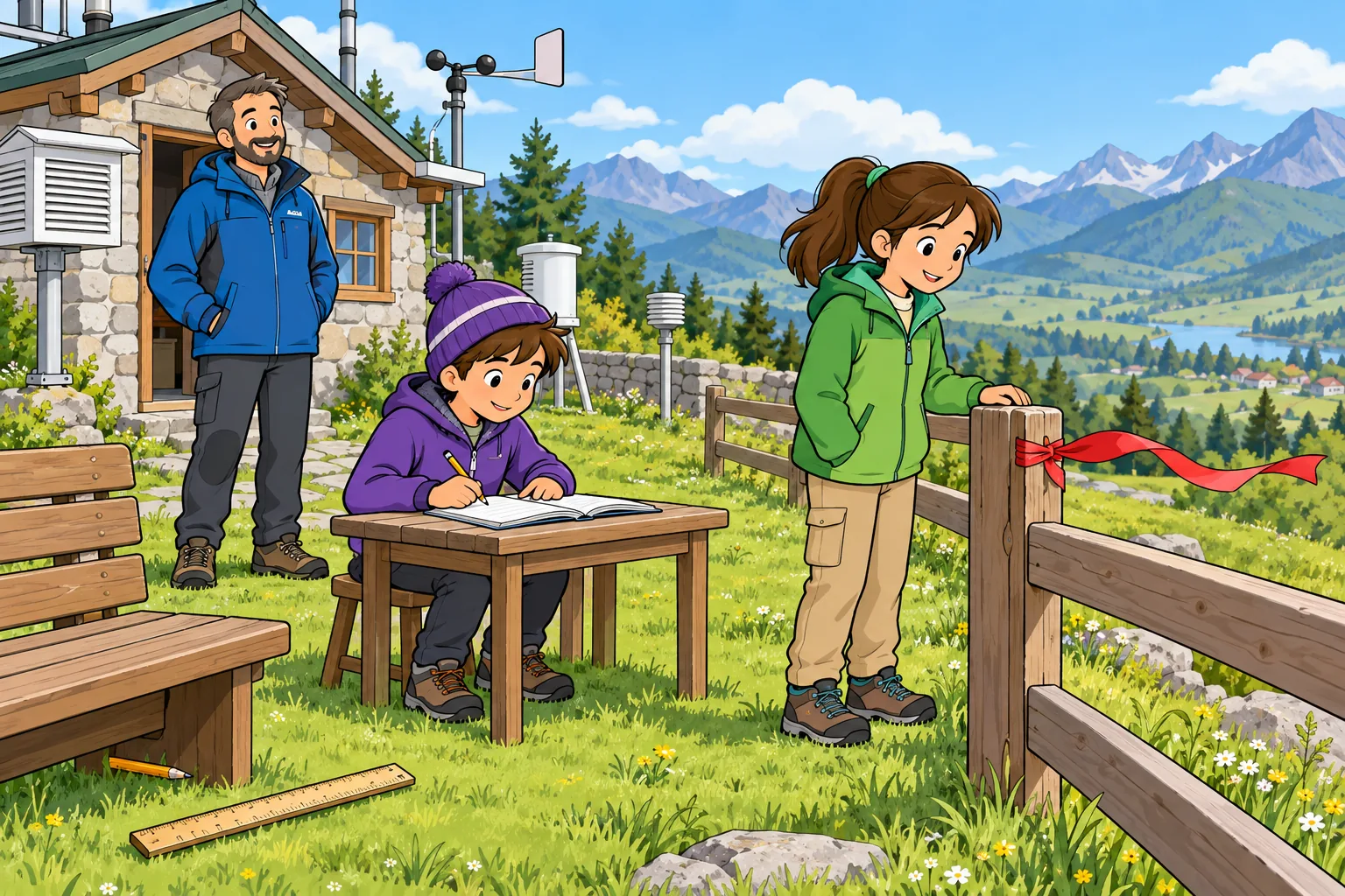 Maya in a green jacket watches a red ribbon tied to a wooden fence while Leo in a purple hat writes in a notebook; a ruler and a pencil lie near a bench.