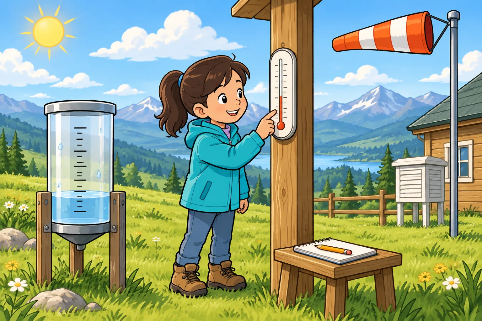 A child at a mountain weather station looks at a thermometer, with a rain container on the left and an orange windsock on the right.