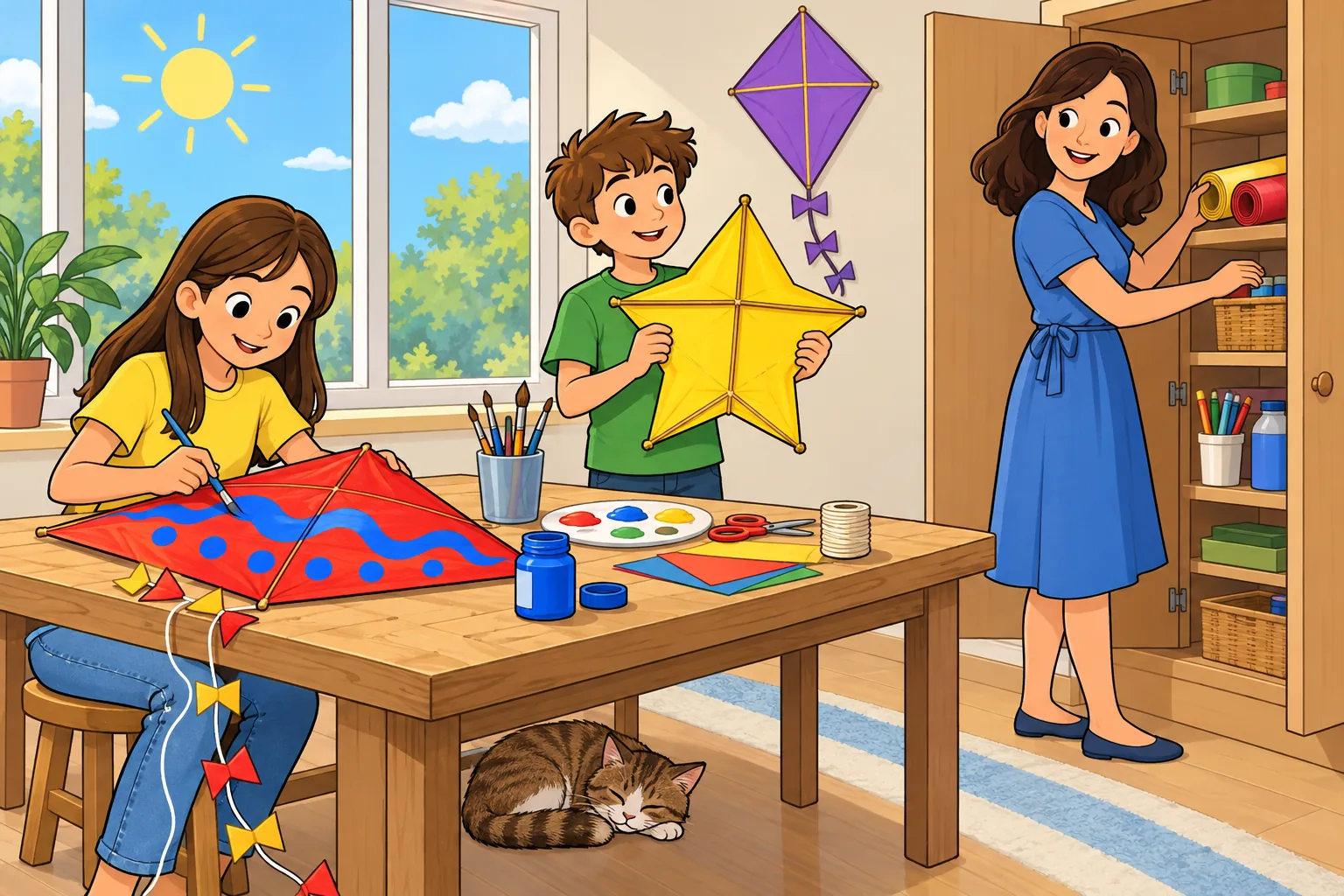 A bright indoor kite workshop: a girl in yellow paints a red kite at a table, a standing boy in green holds a yellow star kite, and a woman in blue stands beside an open cupboard. A blue paint bottle is on the table, a cat sleeps underneath, and a purple kite hangs on the wall behind the boy. Daylight is visible through a large window without curtains.