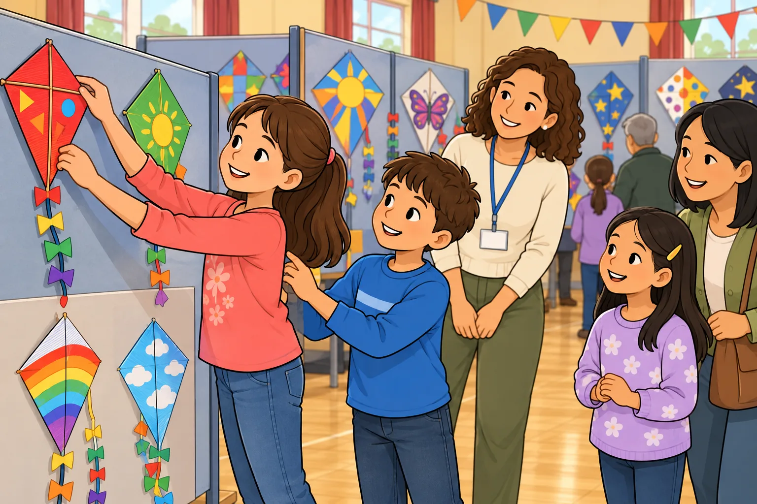 Inside a bright community hall, a girl in pink places a red paper kite next to a green kite on a display board. A boy in blue helps beside her while an adult volunteer and visitors, including a younger girl, smile at the colourful indoor display.