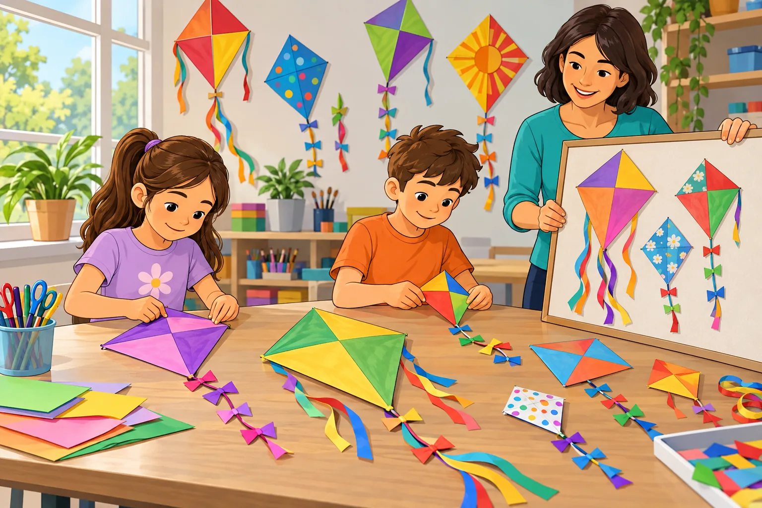 Colourful paper kites are arranged on a wall inside a community room as two children and a helper prepare a quiet indoor display.