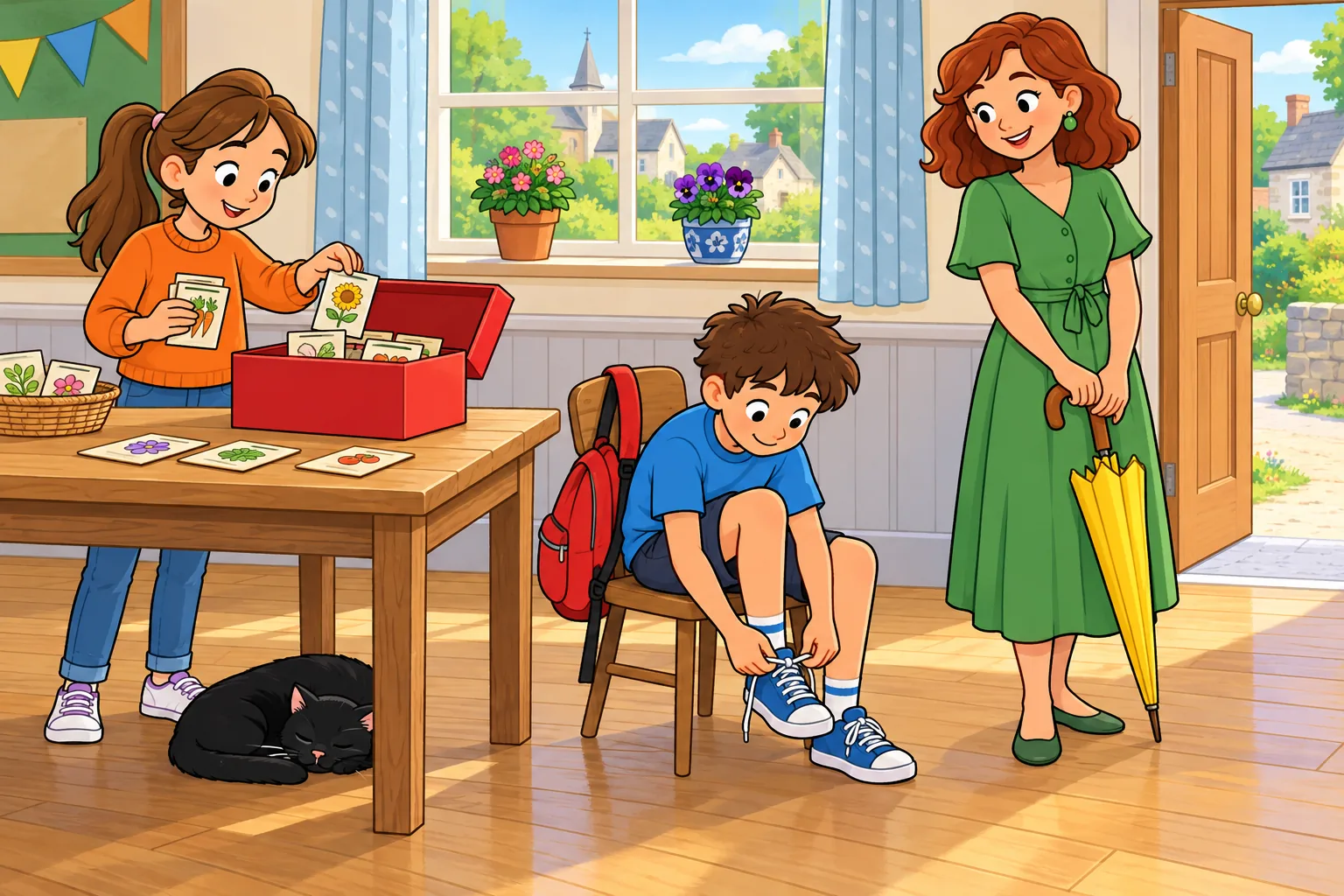 Inside a community hall, a girl in an orange jumper stands beside a table and puts seed envelopes into a red box. A boy in a blue T-shirt sits on a chair and ties his shoelace. A woman in a green dress holds a closed yellow umbrella. A black cat sleeps under the table. Two flowerpots are on the windowsill, the door on the right is open, and a red backpack hangs on a chair.