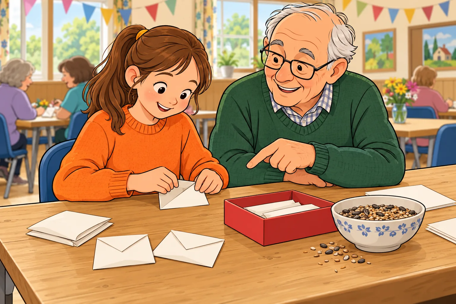 A girl in an orange jumper folds a plain paper envelope beside her smiling grandfather at a wooden table. Blank envelopes, an open red box and a bowl of seeds are on the table.