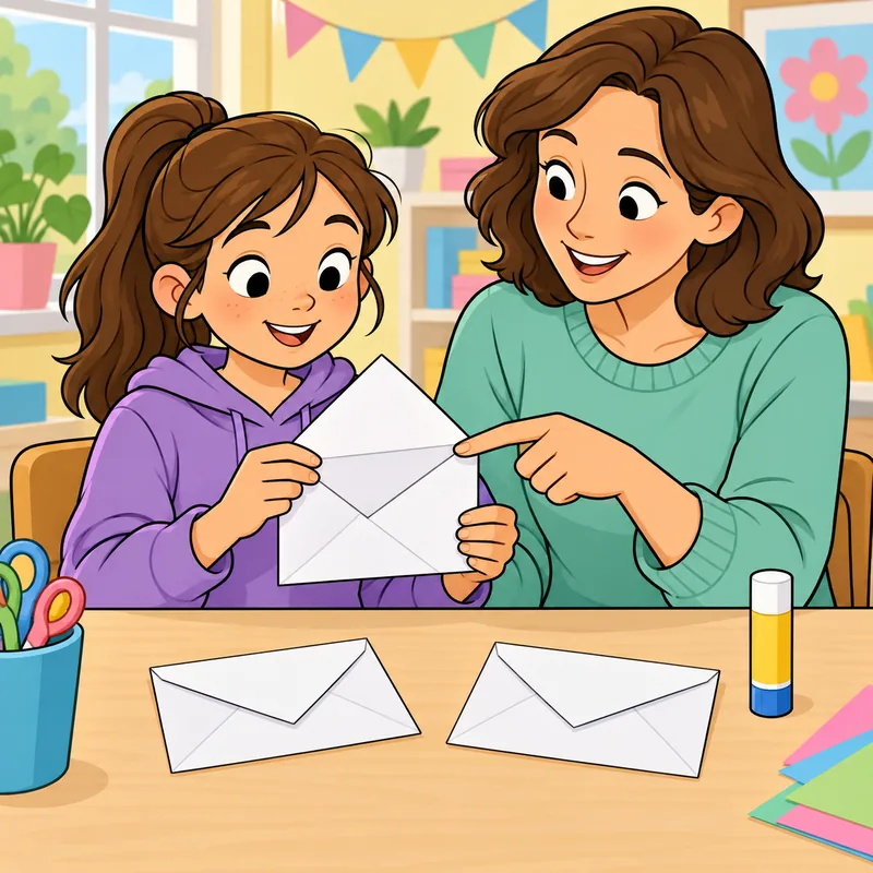A girl in purple holds a partly folded paper envelope while an adult in green points to the fold. Two finished plain envelopes, a glue stick, coloured paper and a pot of scissors are on the craft table.