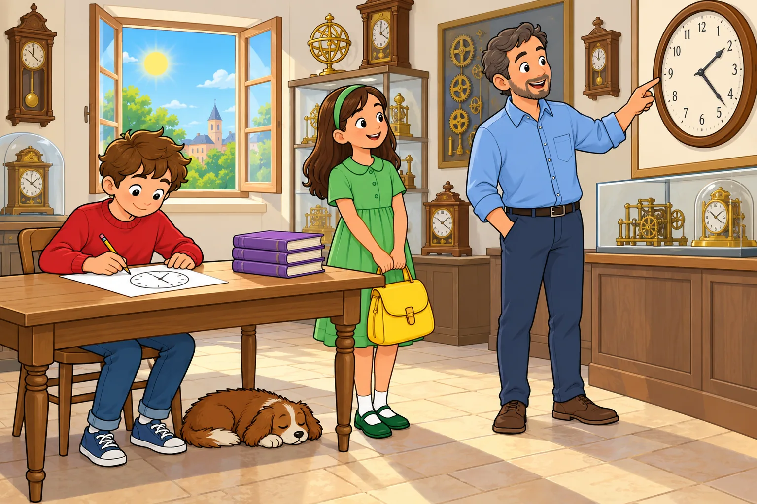 In a bright museum workshop, a boy wearing a red jumper sits at a wooden table drawing a round clock. A girl in a green dress stands beside the table holding a yellow bag. A man in a blue shirt stands on the right and points to a large round wall clock. Three closed purple books are stacked on the table. A small brown dog sleeps under the table. An open window shows sunshine outside.