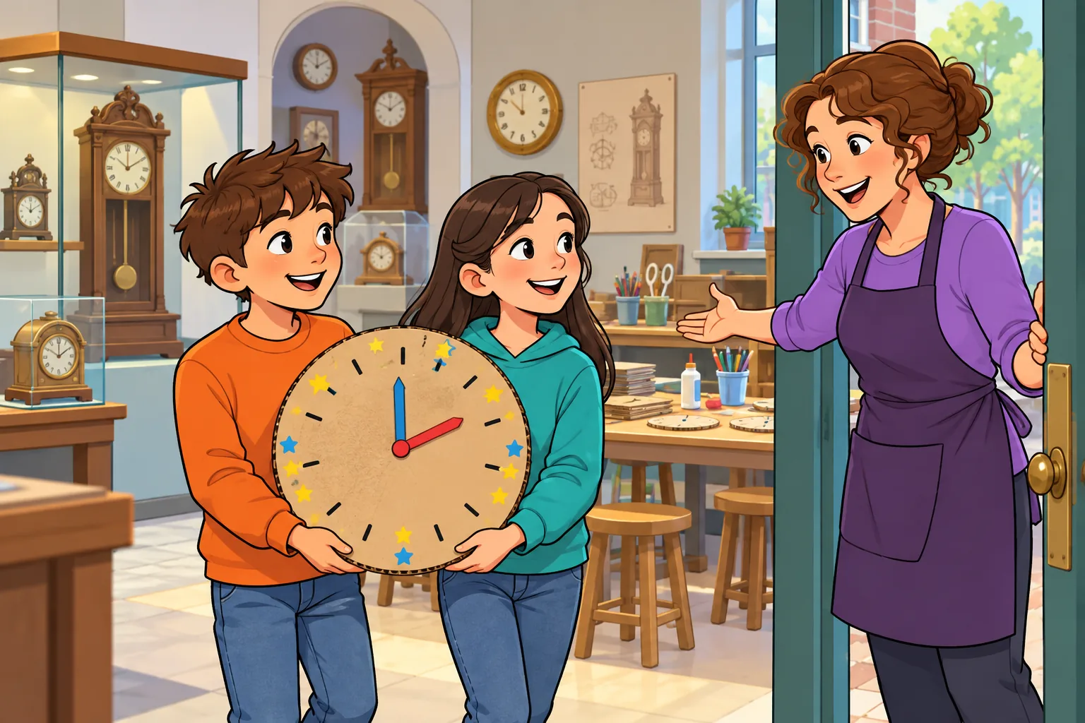 Owen in an orange top and Mia in a teal top carry their cardboard clock with star decorations to a museum door, where a friendly woman guide in purple greets them.