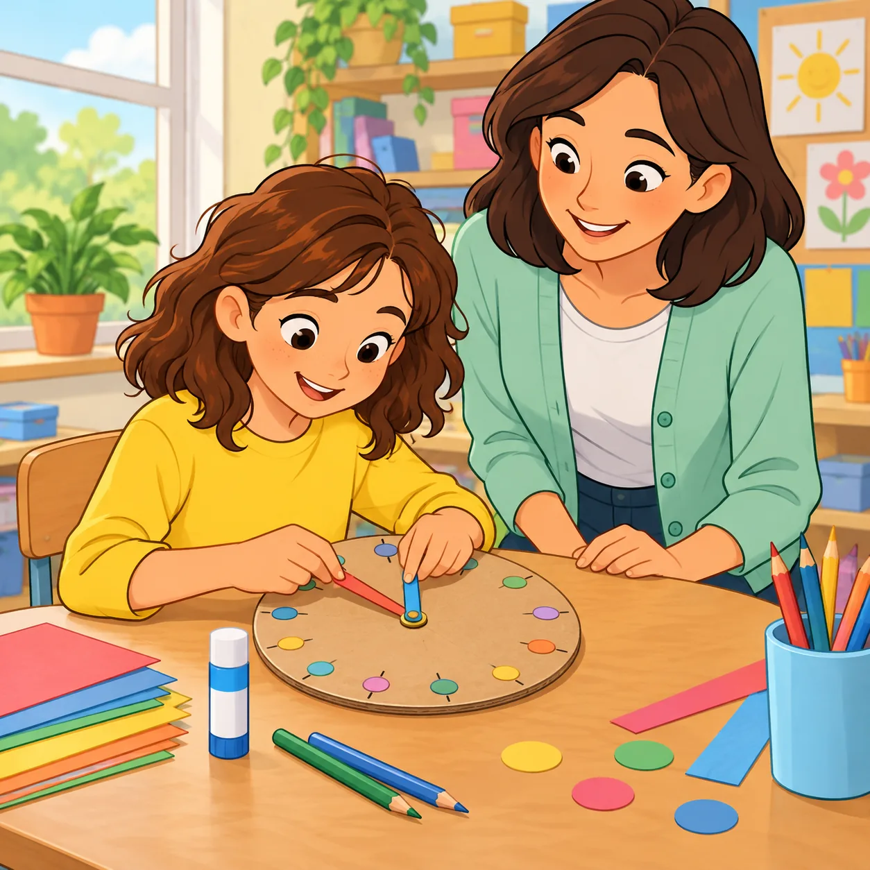 A girl in a yellow top makes a cardboard clock at a table while a woman in a mint cardigan supervises nearby.