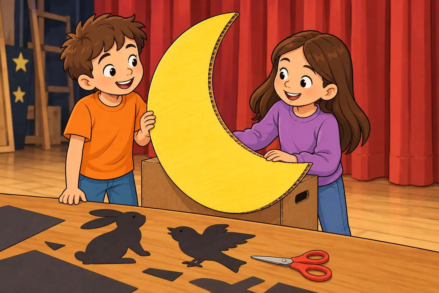 A boy in an orange T-shirt and a girl in a purple jumper smile beside a large yellow cardboard moon resting upright against a brown box in front of a red theatre curtain. A black paper rabbit and bird and a pair of scissors lie on the wooden table.