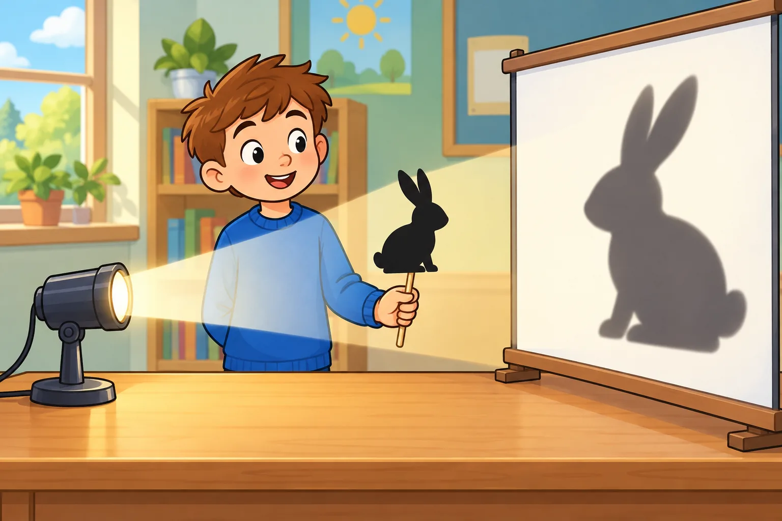 A child in a blue jumper holds a black cardboard rabbit puppet on a stick between a small electric lamp and a white screen. A large rabbit-shaped shadow appears on the screen.