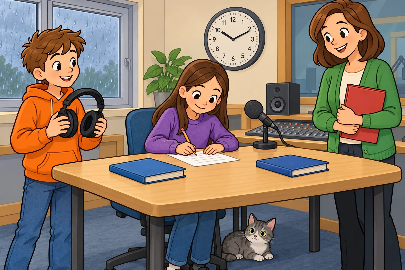 In a community radio studio, an orange-hoodie boy stands on the left holding black headphones. A purple-jumper girl sits at the table writing on white paper with a pencil. A woman in a green cardigan stands on the right holding a closed red folder. Two closed blue books are on the table, an awake grey cat sits under it, a round clock hangs on the wall and a closed window shows rain outside.