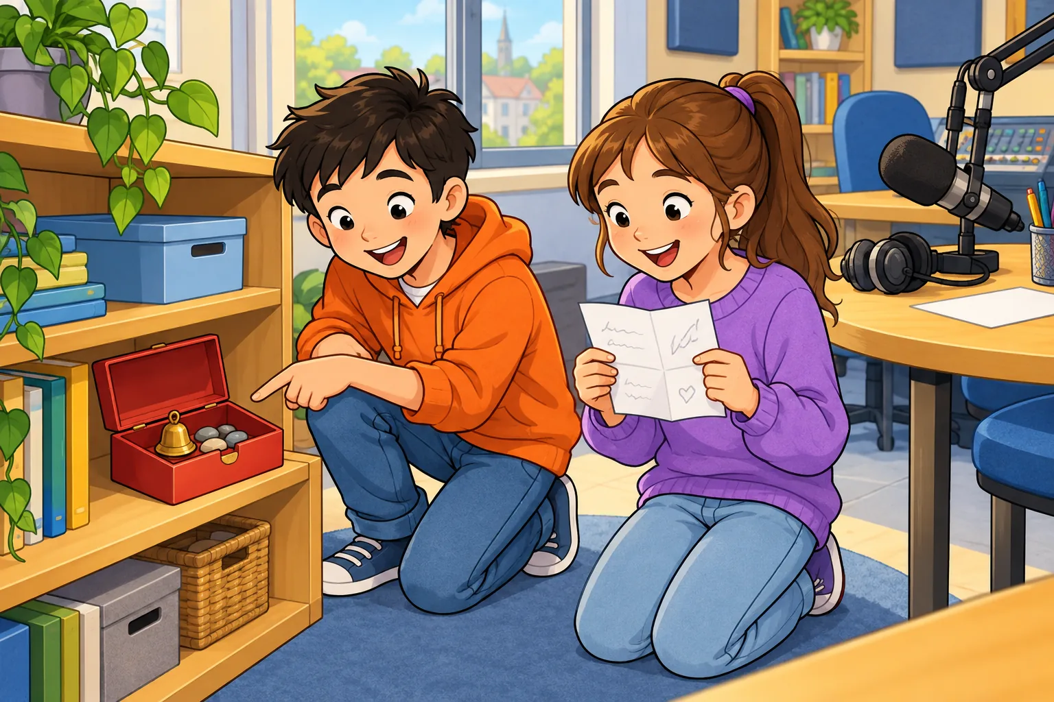 A purple-jumper girl holds a folded handwritten note with marks but no readable words, while an orange-hoodie boy kneels beside a low shelf and points to an open red sound-effects box containing a small bell and smooth pebbles. A microphone and headphones are on a nearby table.