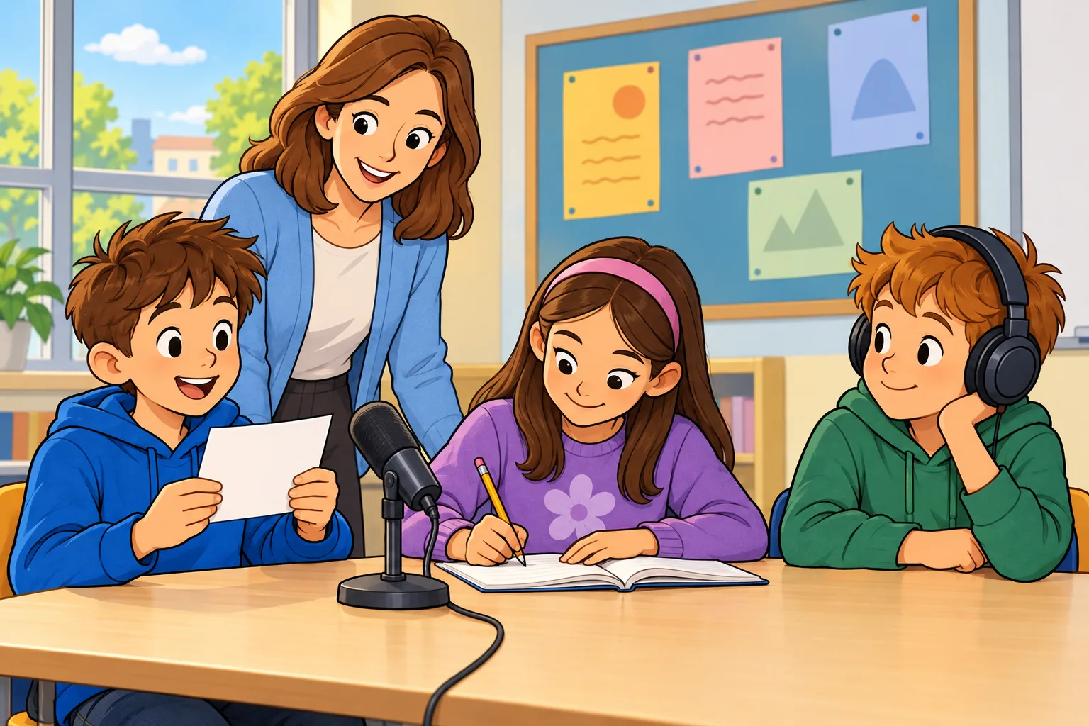 A teacher and three pupils in a bright classroom plan a simple radio show at a table with a microphone and headphones; one pupil reads a short news card while another writes in a notebook.