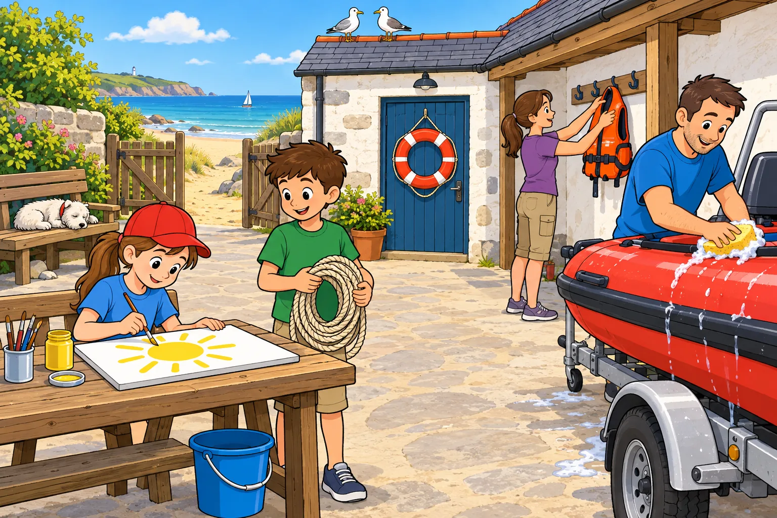 A sunny courtyard at a seaside rescue centre, with children painting and holding a rope, adults preparing equipment, a dog by a bench, and a beach beyond the gate.