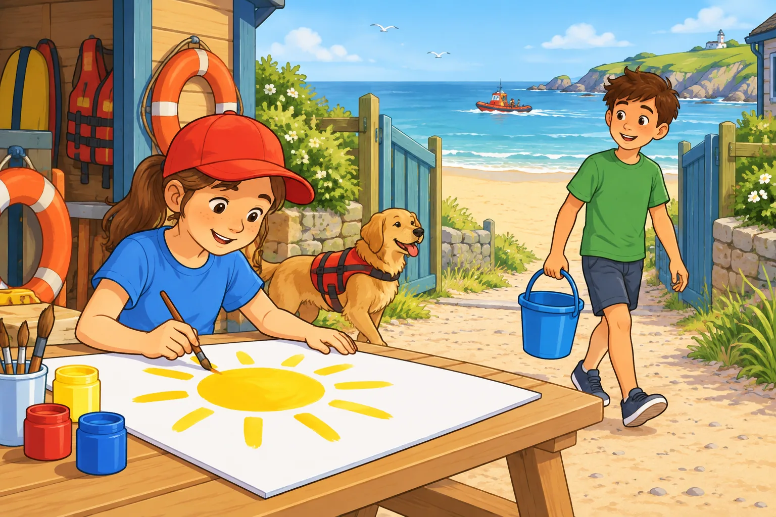 A girl in a red cap paints a yellow sun on a white sign while a boy in a green shirt carries a blue bucket across a sunny rescue centre courtyard; a friendly golden dog waits by the gate and a small red boat is visible out at sea.