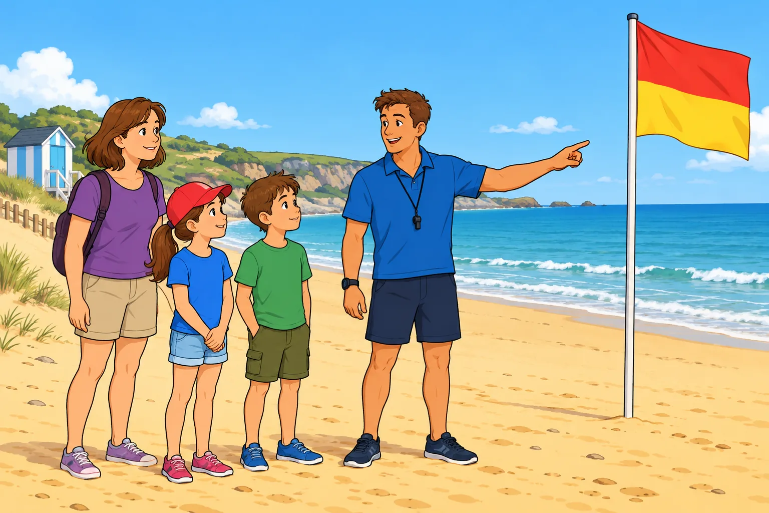 A calm beach scene shows a lifeguard in a blue shirt pointing to a red-and-yellow flag on a pole while two children stand safely on the sand beside an adult in purple.