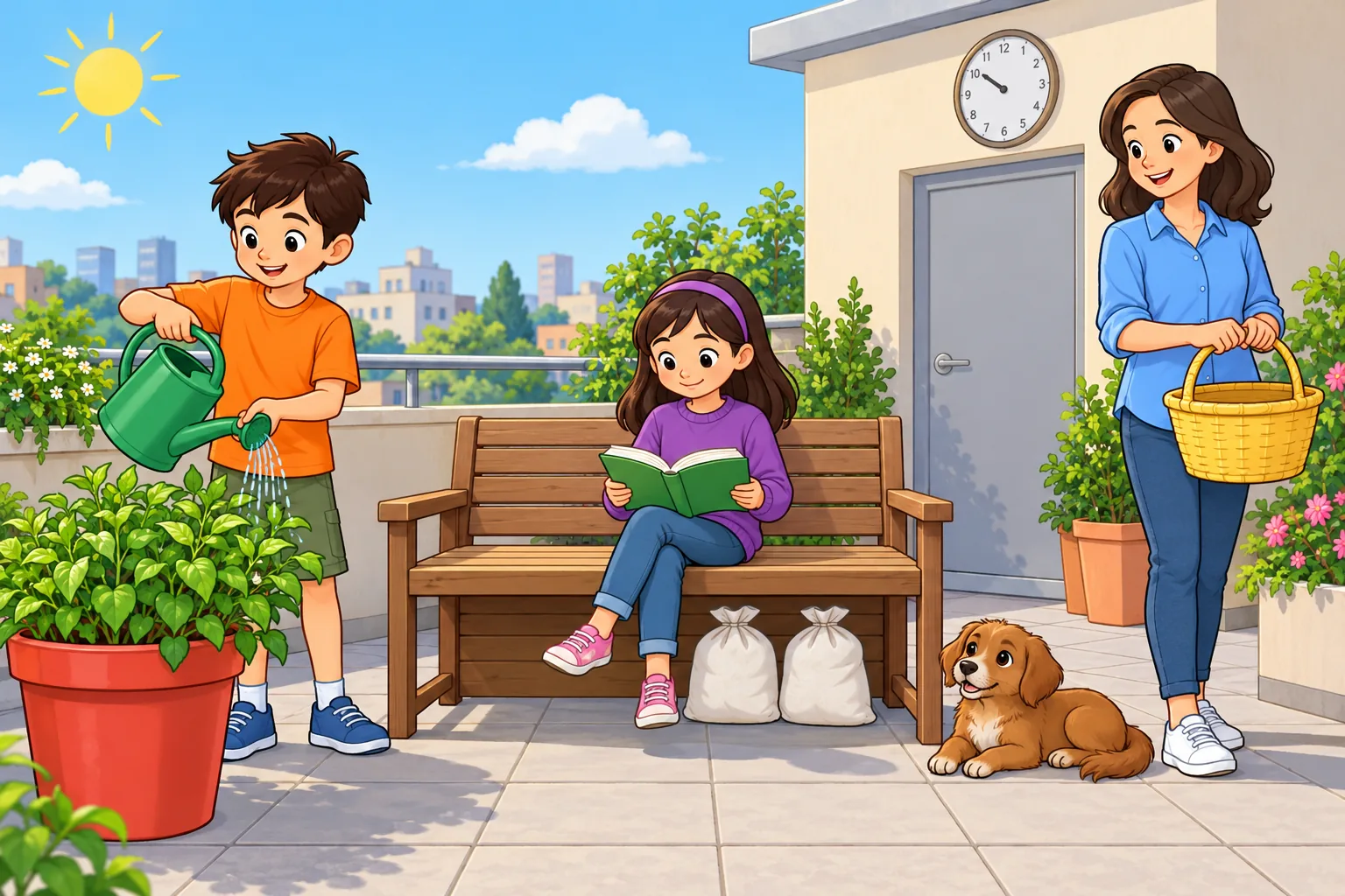 Exactly three people are in a sunny rooftop garden. On the left, a boy in an orange shirt stands and pours water from a green watering can onto a plant in a large red pot. In the centre, a girl in a purple jumper sits on a wooden bench and reads an open book. On the right, a woman in a blue shirt stands holding a yellow basket. Two closed white sacks sit side-by-side under the bench. A small brown dog is awake and lying beside the bench. A round wall clock is above a closed door. The sky is sunny and there is no rain.
