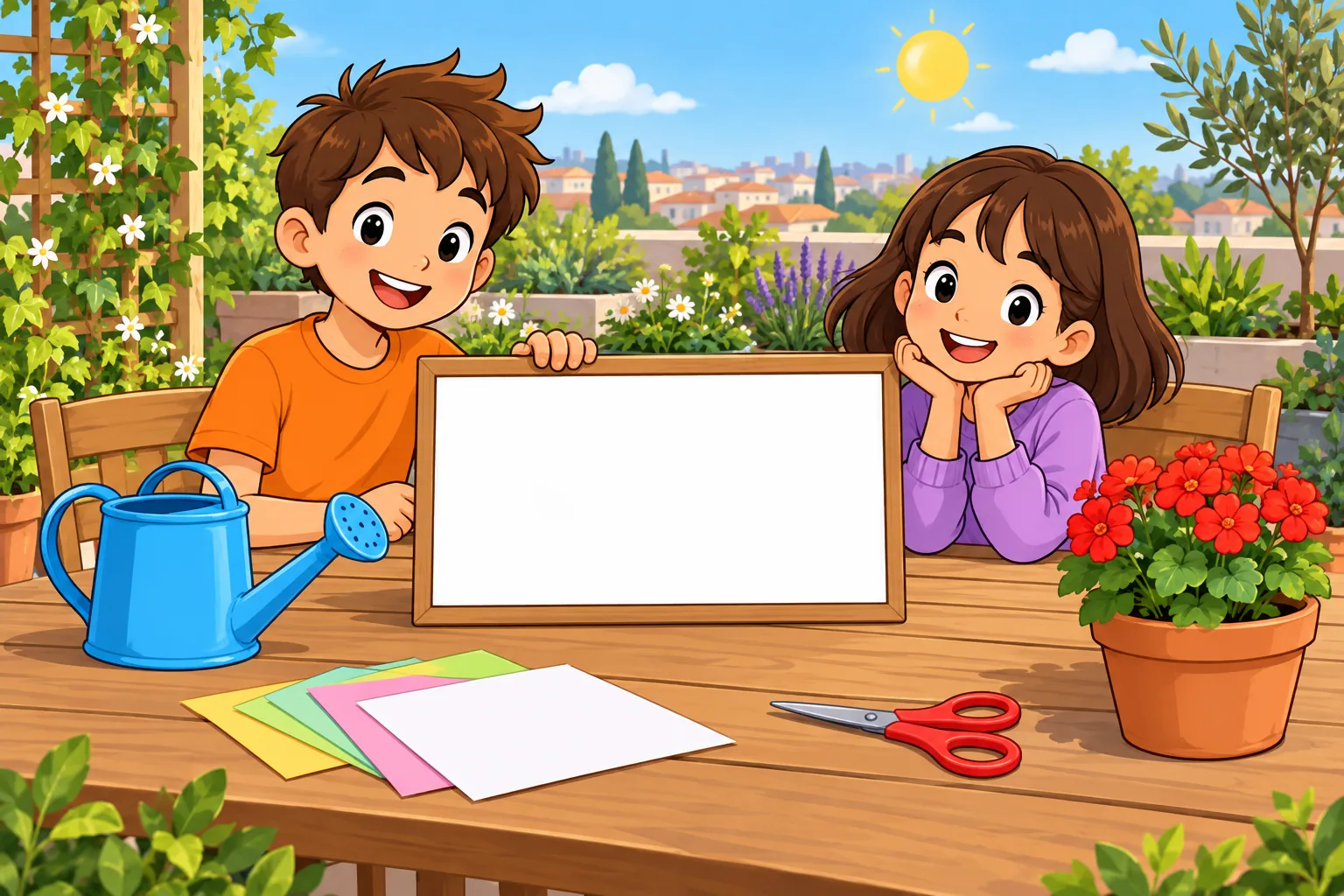 A boy in an orange shirt and a girl in a purple jumper work at a wooden table. A large white sign with a blank centre stands on the table beside a blue watering can, red flowers in a round pot, scissors and paper. There is no text on the sign or paper.