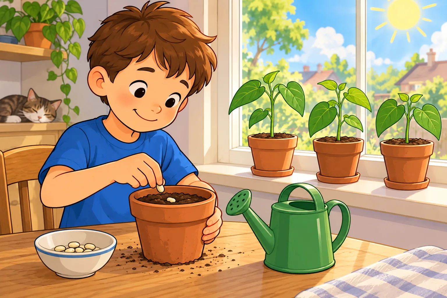 A child in a blue shirt plants bean seeds in a brown pot at a table beside a green watering can. Three leafy bean seedlings stand in separate pots by a sunny window, with a sleeping cat in the background.