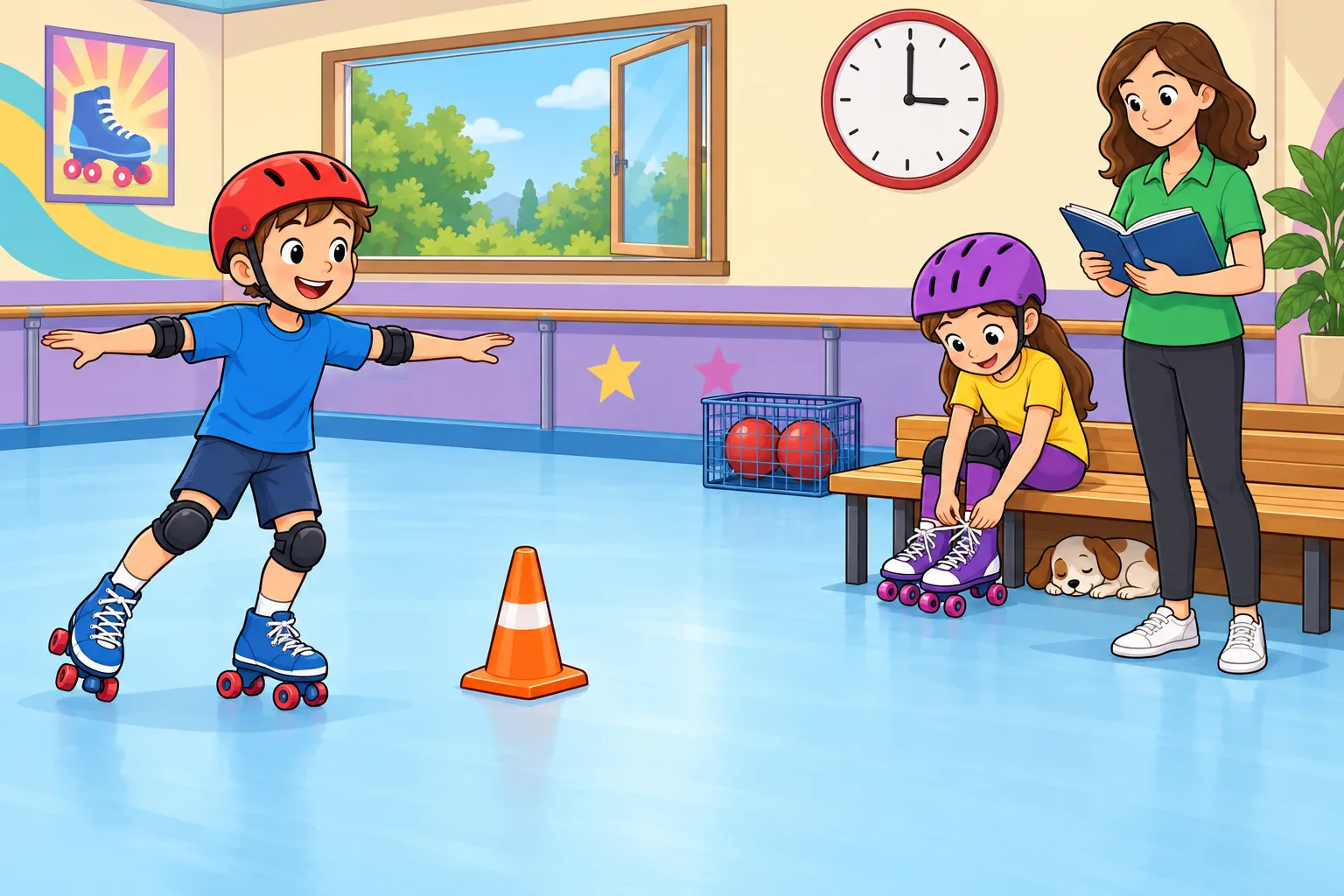 Inside a roller rink, a boy in a blue shirt and red helmet skates with his arms spread on the left. On the right, a girl in a yellow shirt and purple helmet sits on a wooden bench tying her skates. An adult woman in a green shirt holds an open book beside the bench. One orange cone stands in the centre. Two red balls are together in a basket. A wall clock shows three o'clock. A dog sleeps under the bench, and an open window is visible at the rear.