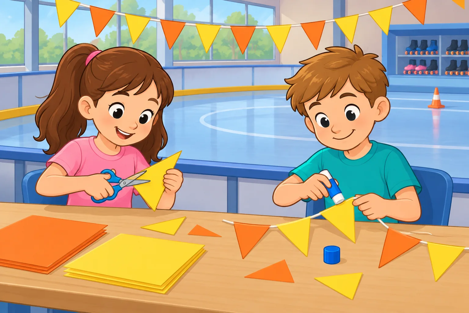 At a table, a girl in a pink shirt cuts a small yellow triangular paper flag while a boy in a teal shirt puts glue on another yellow triangle and attaches it to string. Scissors and a glue stick are on the table. A short string above them displays finished plain orange and yellow flags with no writing.