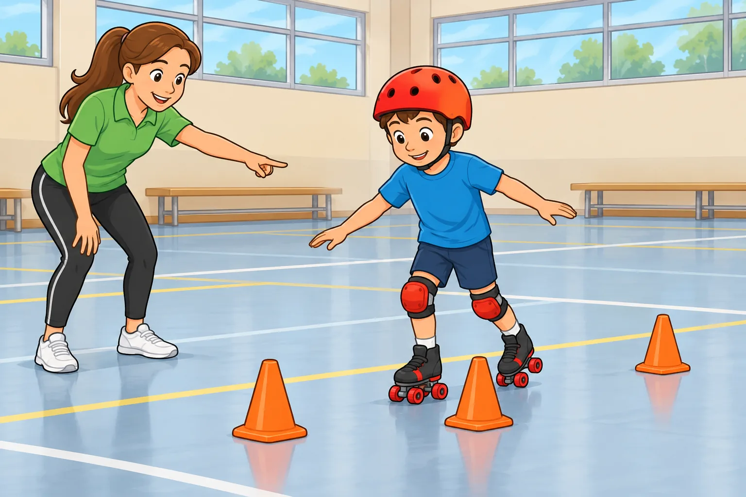 A child in a red helmet and blue shirt slowly skates between three orange cones. An adult female instructor in a green top points encouragingly from nearby inside the roller rink.