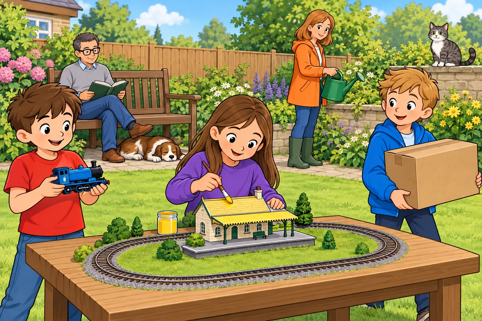 An outdoor club garden with three children, two adults, a dog and a cat around a model railway table. The children are identified by the clothing key below the picture. Look at the picture to check the sentences.