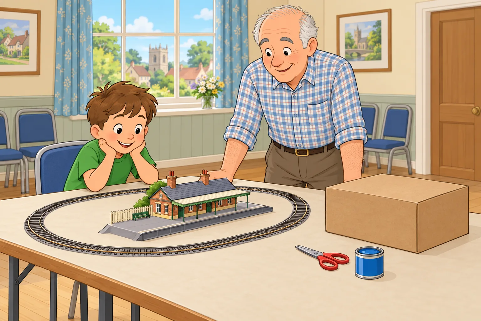 A boy in a green shirt sits at a table beside an older man in a checked shirt. A model station and oval track share the table with a closed brown cardboard box, scissors and blue paint. This is before the box is cut and painted.
