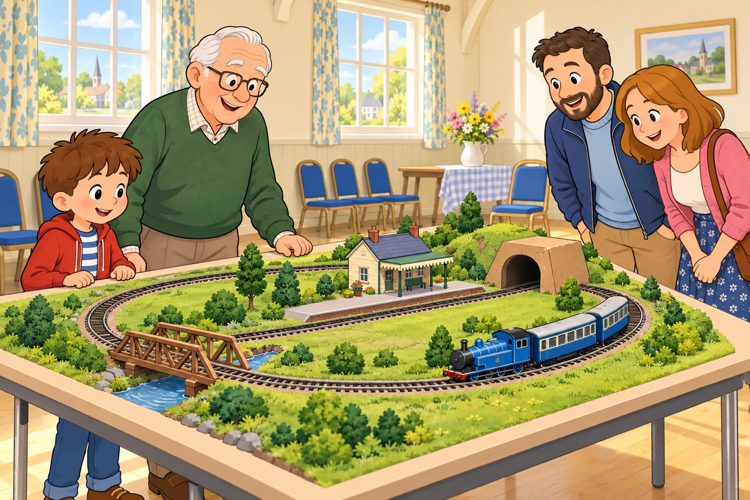 A child and an older man stand beside a model railway display inside a village hall. Two adult visitors look at a blue model train, a small station, a cardboard tunnel and a wooden bridge.