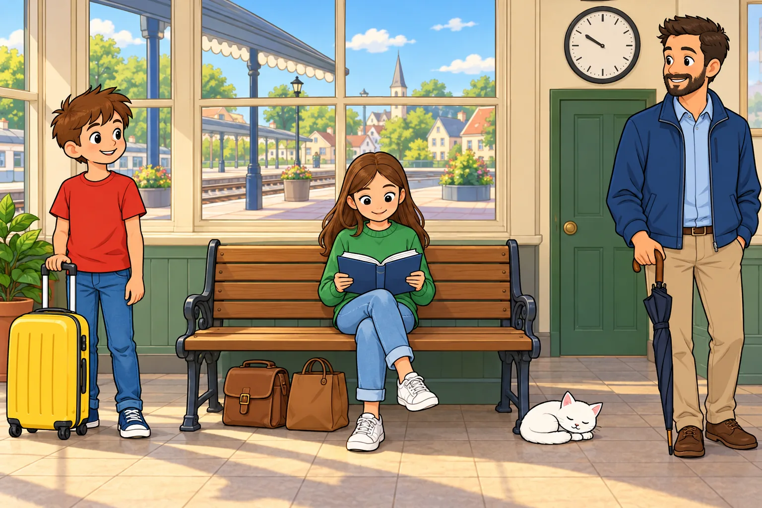 Inside a small town station, exactly three people are shown. On the left, a boy in a red T-shirt stands holding a yellow suitcase. In the centre, a girl in a green jumper sits on a bench reading an open book. On the right, an adult man in a blue jacket stands holding a folded umbrella. Exactly two brown bags are under the bench. A round clock is above a closed door. A small white cat sleeps beside the bench. It is sunny and there is no rain.