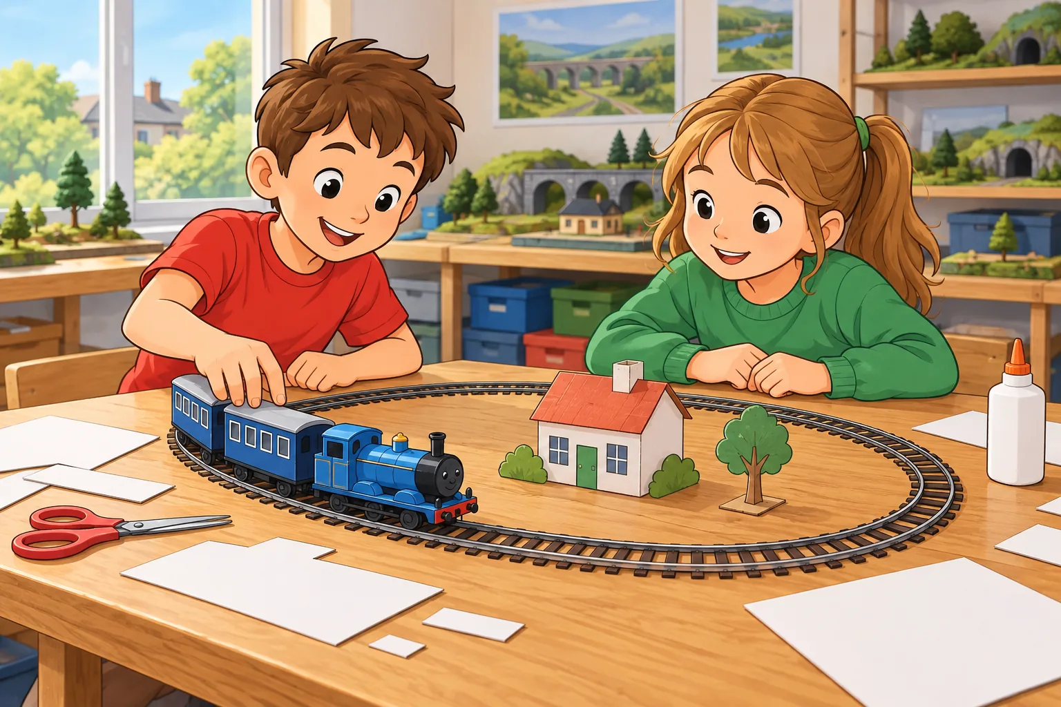 Two children, a boy in a red shirt and a girl in a green jumper, sit at a table with a blue toy train on an oval track. A small cardboard house, scissors, glue and sheets of white card are on the table in daylight. There is no text.