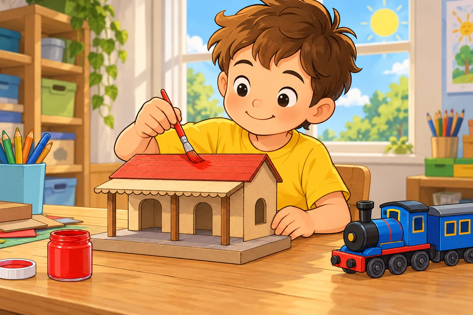 A child in a yellow shirt holds a paintbrush and paints the red roof of a small cardboard station. A blue toy train and an open red paint pot are on the table beside the model. Sunlight comes through a window.