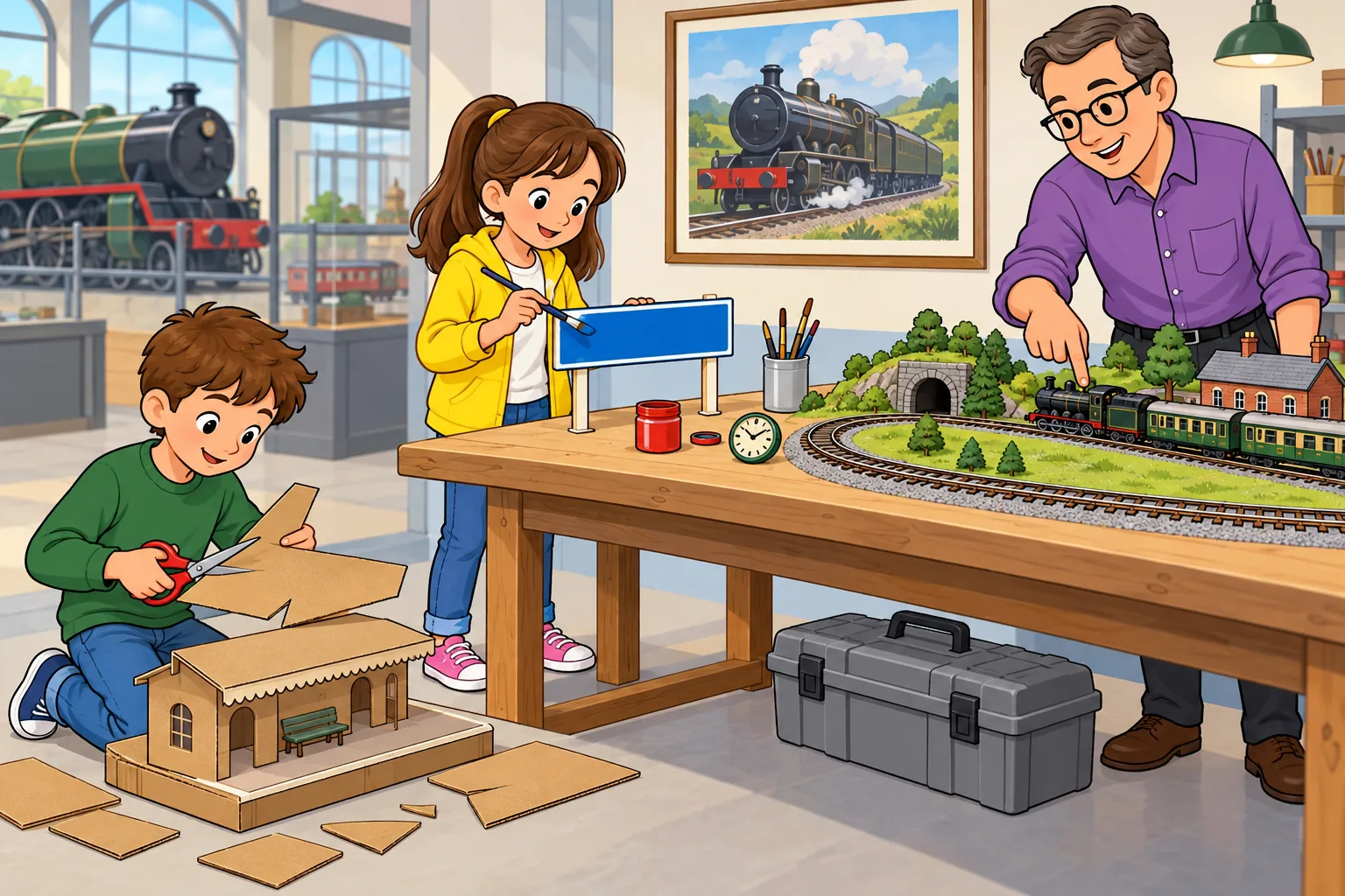 A boy in a green jumper kneels and cuts card with red scissors beside a cardboard station. A girl in a yellow jacket stands painting a blue station sign. A guide in a purple shirt and glasses points at a model train. A tiny clock and a red paint pot are on the table; a grey toolbox is under it and a steam-train poster hangs on the wall.
