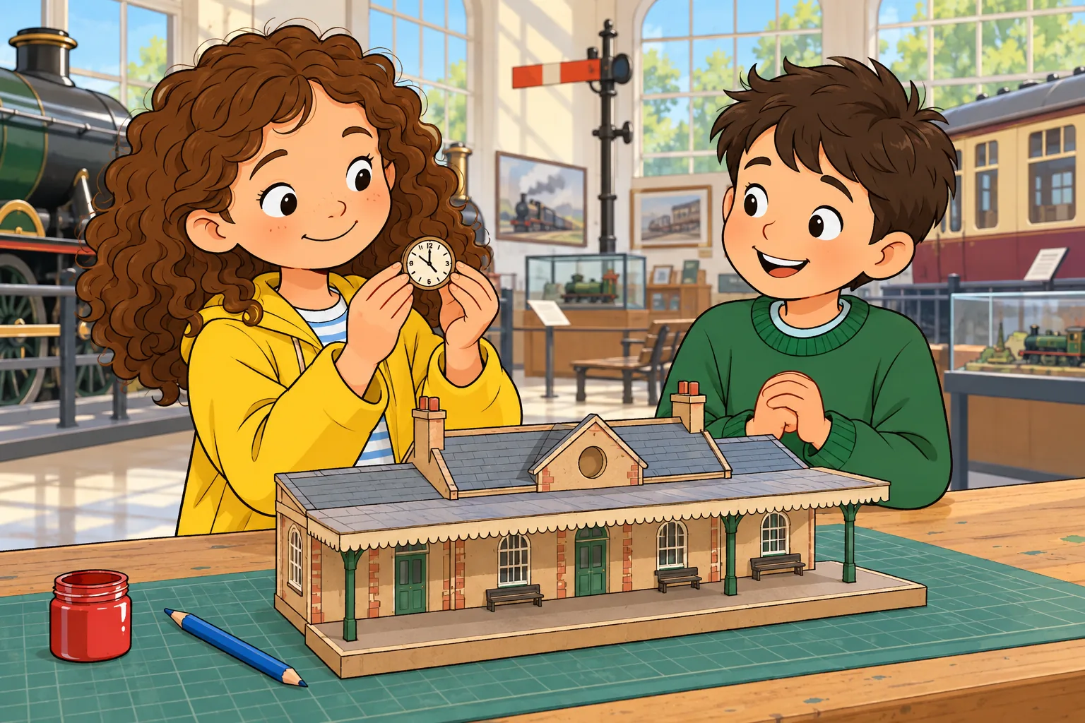 At a museum worktable, a girl in a yellow jacket holds a tiny round clock while a boy in a green jumper looks at it with relief. A cardboard station model, a red paint pot and a blue pencil are on the table. The clock has no visible numbers or writing.