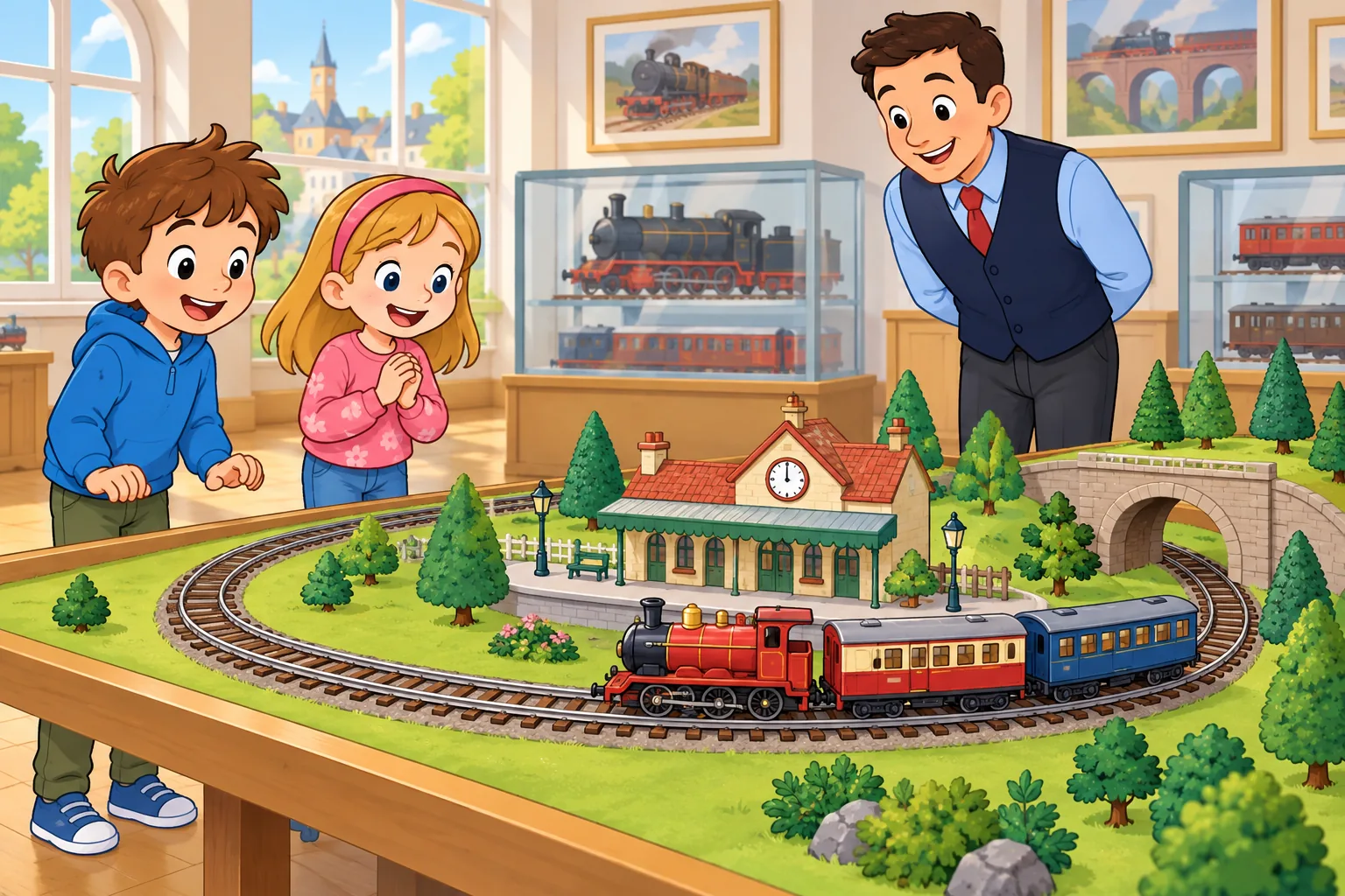 A boy in a blue top and a girl in a pink top watch a red model locomotive and two carriages with a museum helper in a navy waistcoat. The tabletop railway includes a station with a clock, a bridge and green trees.