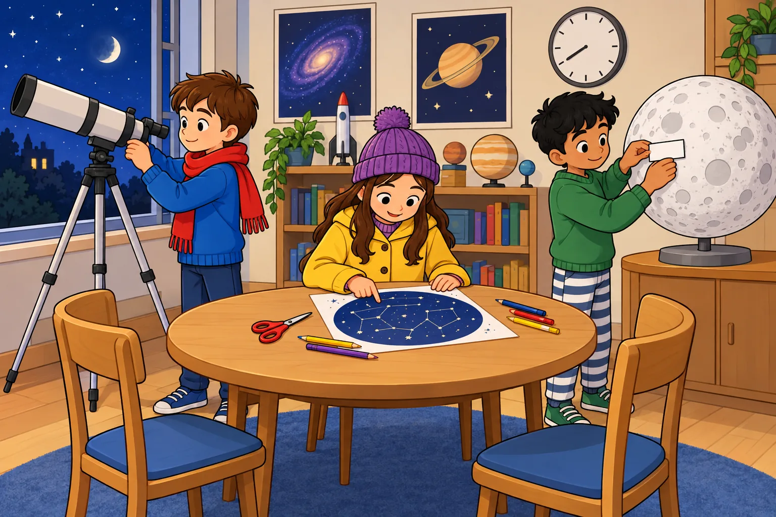 A cheerful 2D children's-book illustration inside a community observatory with exactly three people: Ben adjusts a telescope, Lily studies a star chart and Omar puts a label on a cardboard Moon model. No other people appear.
