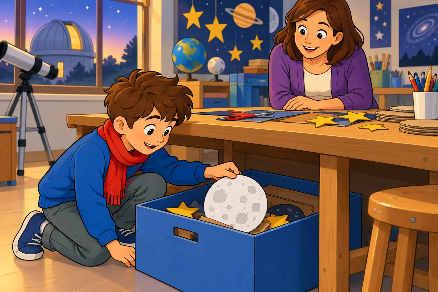 Ben, wearing a blue jumper and red scarf, crouches beside a blue box under a craft table and lifts out a small white cardboard Moon model. A woman in a purple cardigan smiles beside the table.