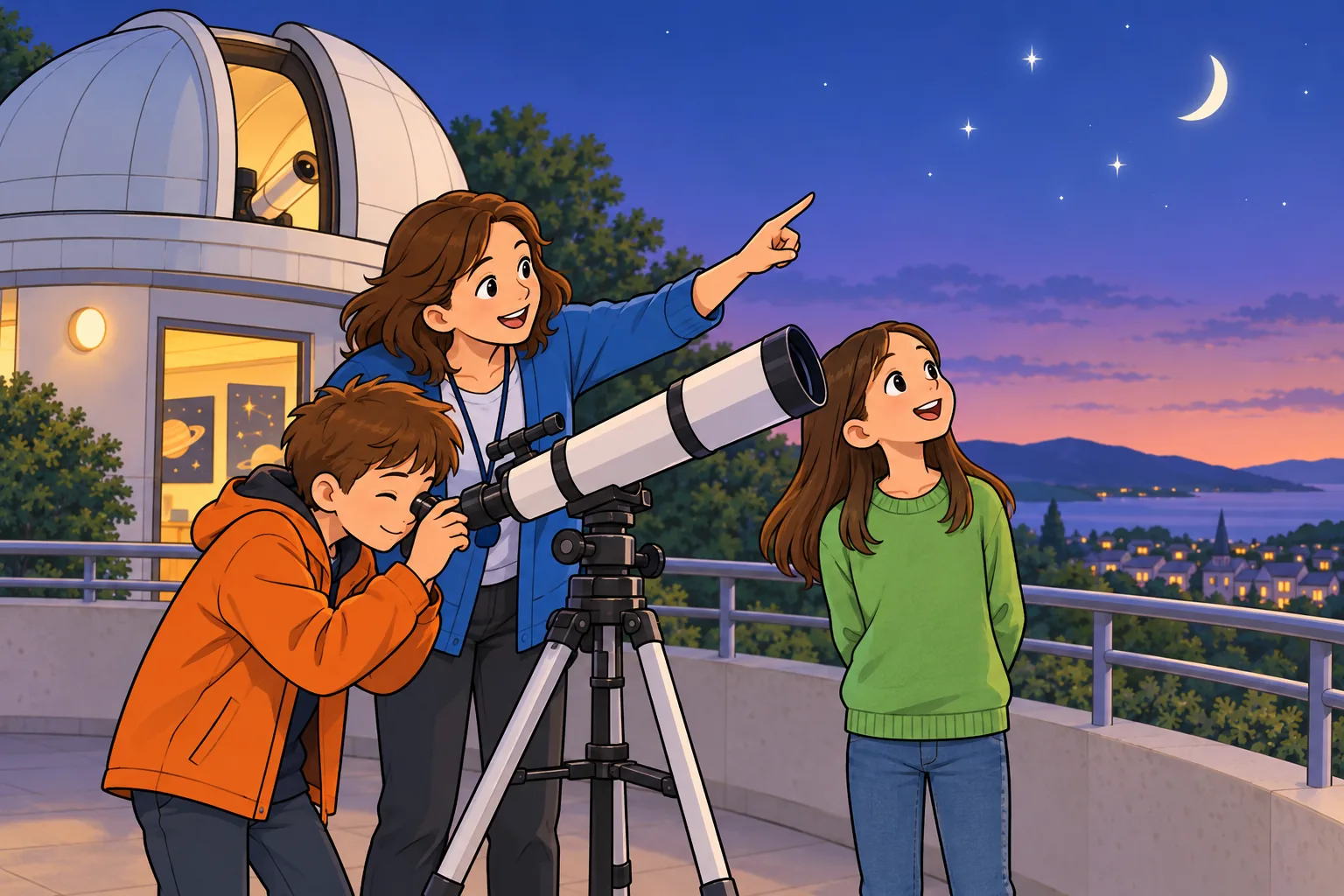 On a terrace beside a white observatory dome, a woman in a blue cardigan points towards the stars while a boy in an orange jacket looks through a telescope and a girl in a green jumper watches the sky.