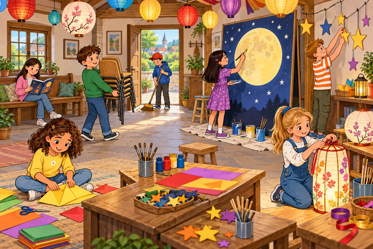 Seven children in the Lantern Workshop. Match names to their actions, clothing and positions.