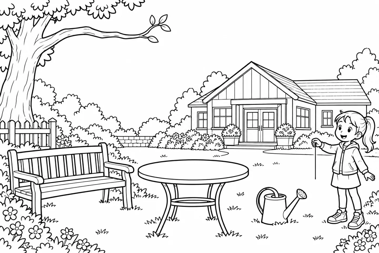 Arts-centre garden with six lanterns and an outlined plane above the roof.