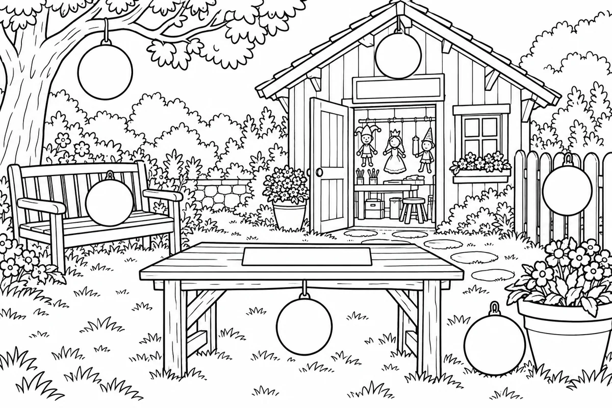 Eight outlined paper lanterns around the workshop garden