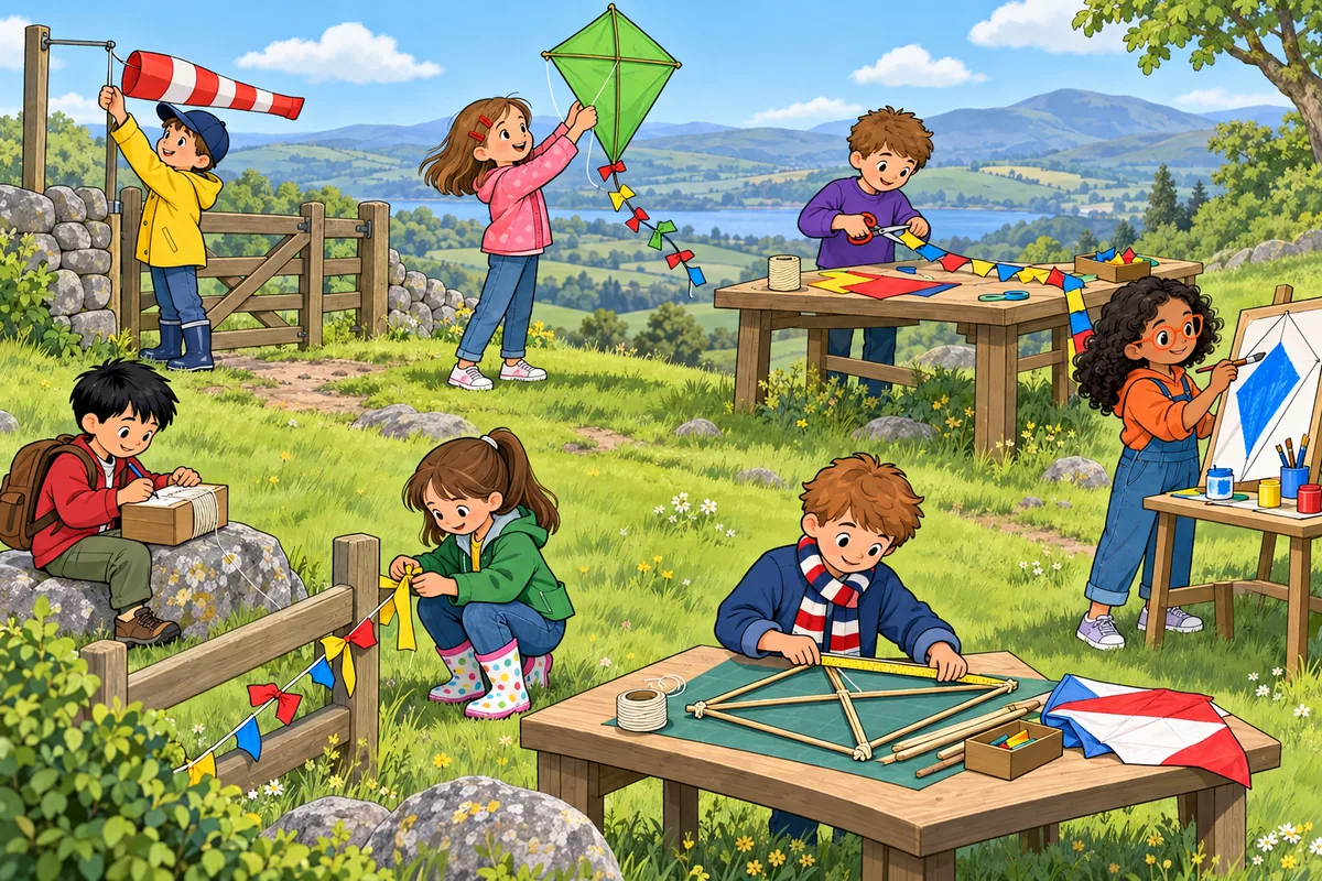 Seven children making kites at a hilltop workshop.