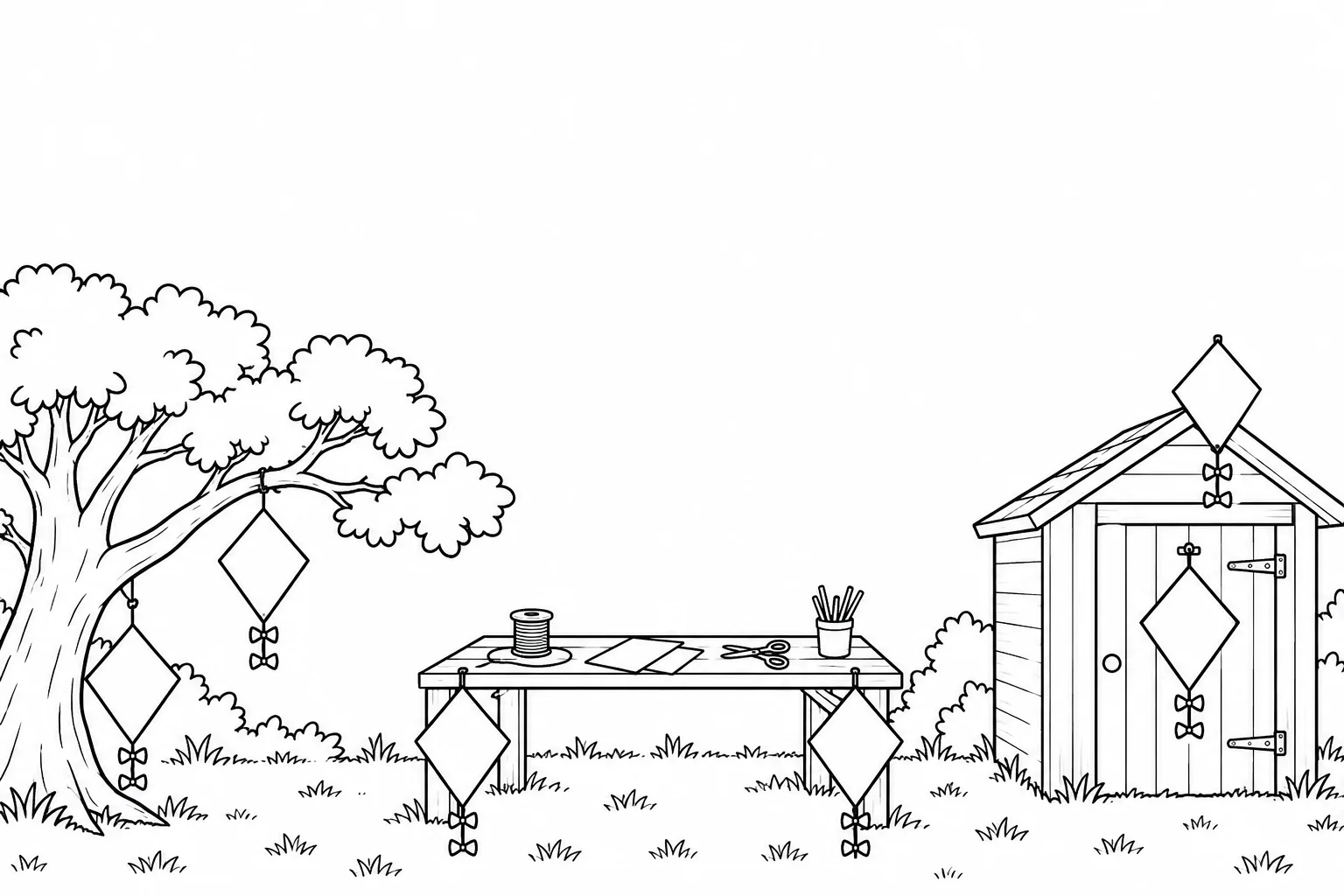 Six outlined kites at the tree, worktable and shed.