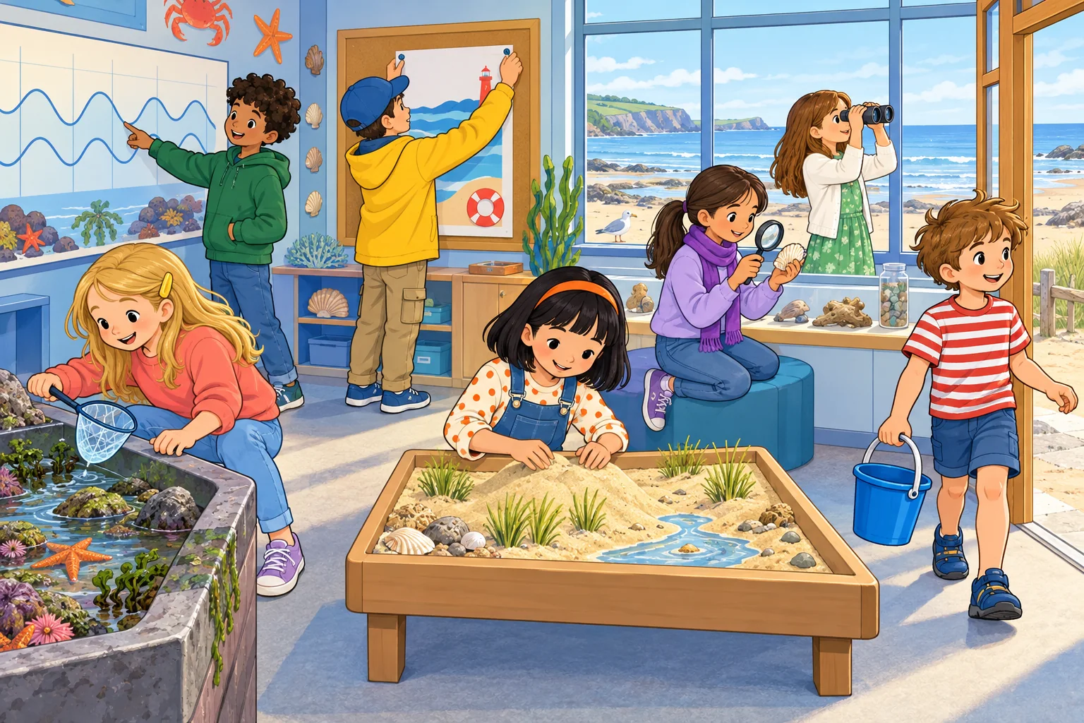Seven children preparing activities at a seaside discovery centre.