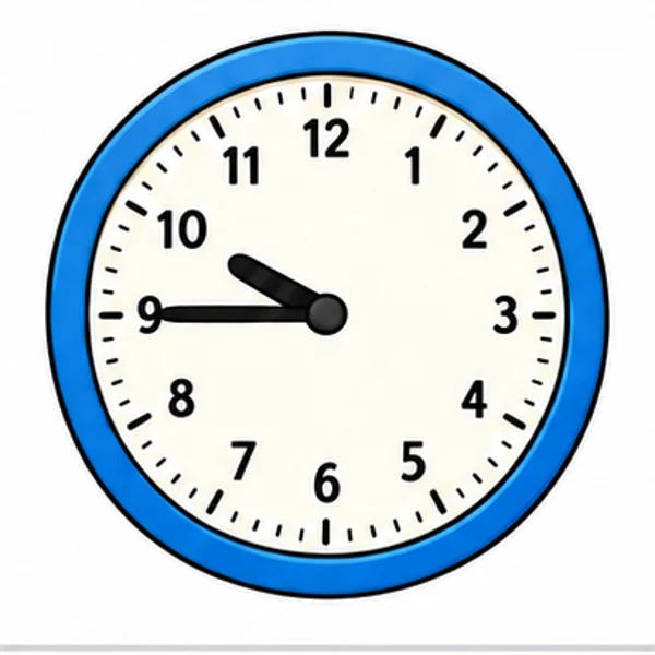 An analogue clock showing 9:45
