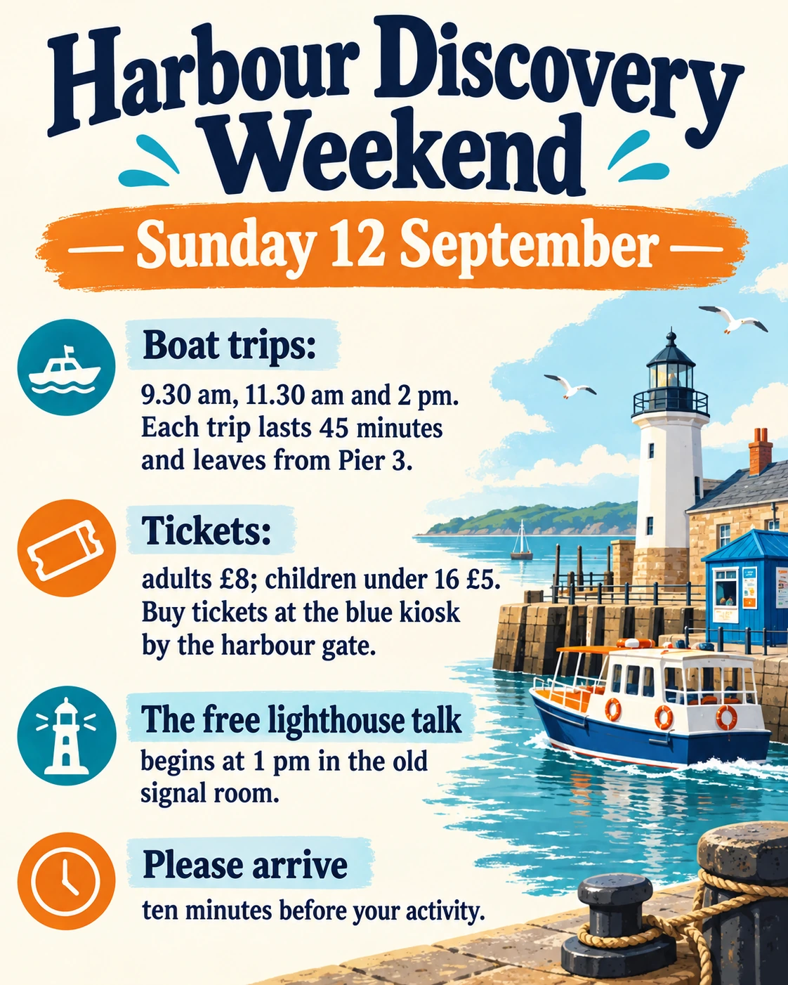 Harbour Discovery Weekend — Sunday 12 September. Original illustrated advertising poster. Full source text is available below.