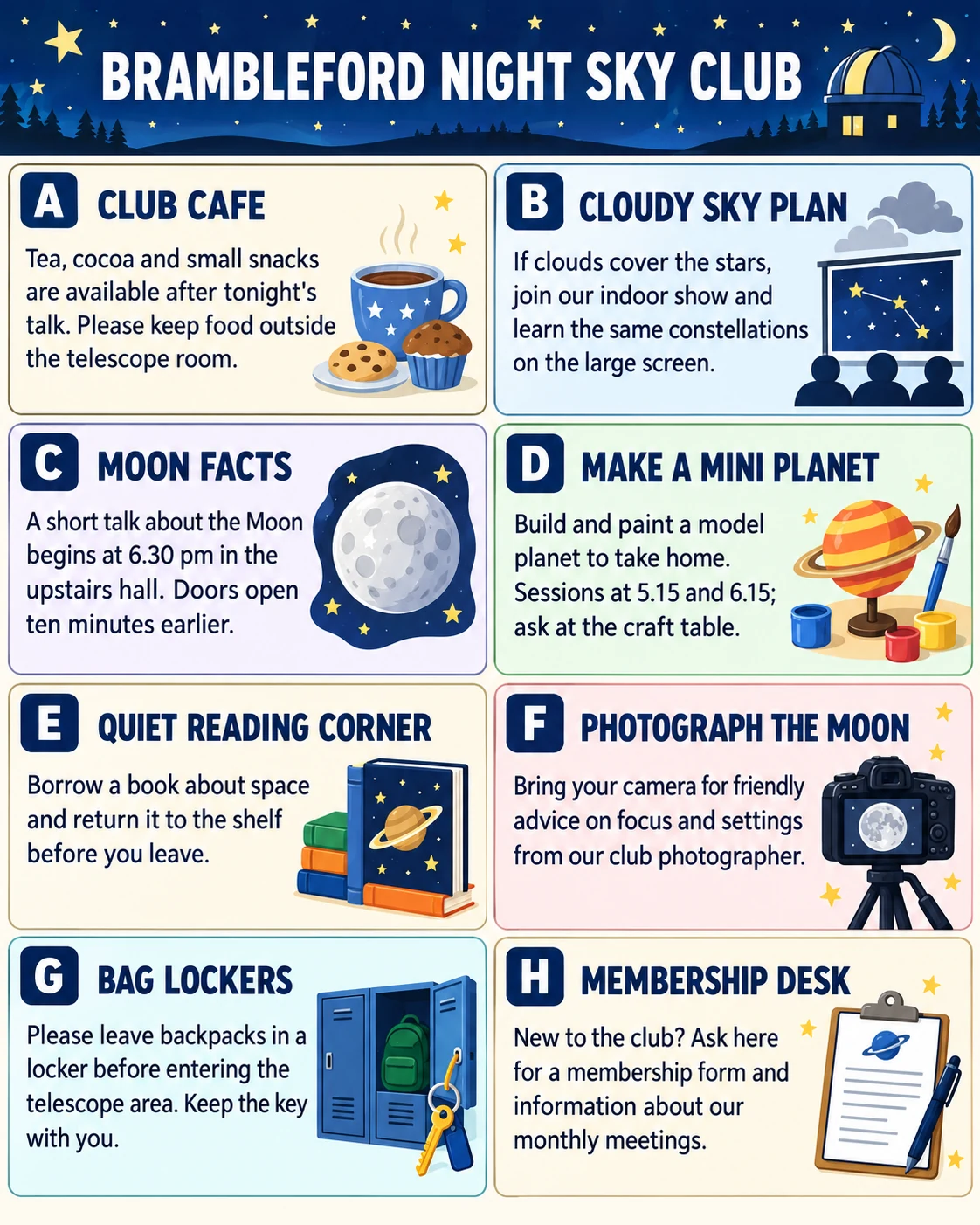 Illustrated version of the eight notices; all wording is available in the notice cards above.