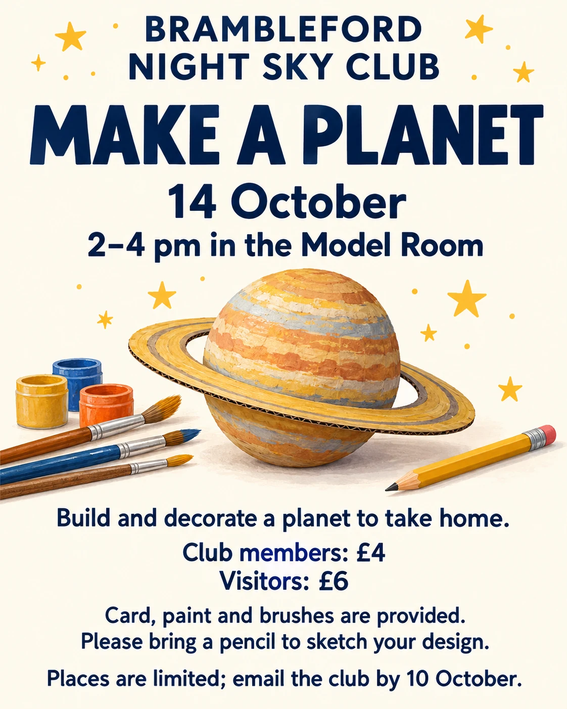 Brambleford Night Sky Club Make a Planet workshop: 14 October, 2–4 pm, Model Room, members £4 and visitors £6. Full wording is available in the text version below.