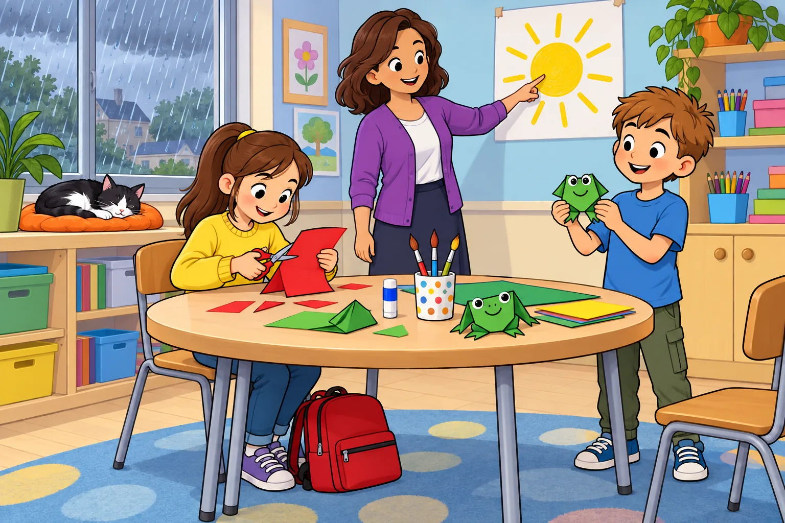 A bright school craft room. A girl in a yellow jumper sits at a round table and cuts red paper with scissors. A boy in a blue T-shirt stands holding a finished green paper frog. A teacher in a purple cardigan points at a drawing of a yellow sun on the wall. Three paintbrushes stand upright in a pot on the table. A closed red school bag is under the table. A black and white cat sleeps on an orange cushion beside the window. Rain is visible outside.