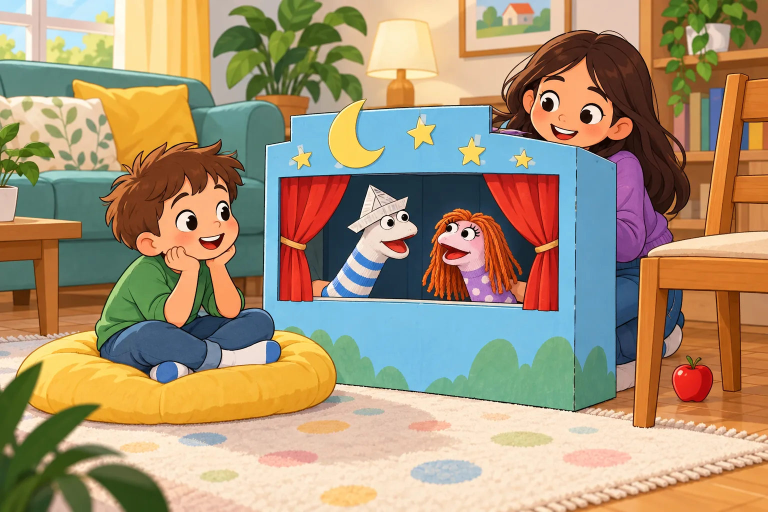 Mila performs with two sock puppets behind a light blue cardboard theatre with a red curtain. A yellow paper moon and small paper stars are above the stage. Her younger brother Ben sits on a yellow cushion. A red apple is under a chair.